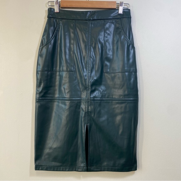 Chic Dark Green Stretch Faux Leather Pencil Skirt - Picture 1 of 8